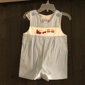 Adorable smocked striped Jon Jon with trains 18mo